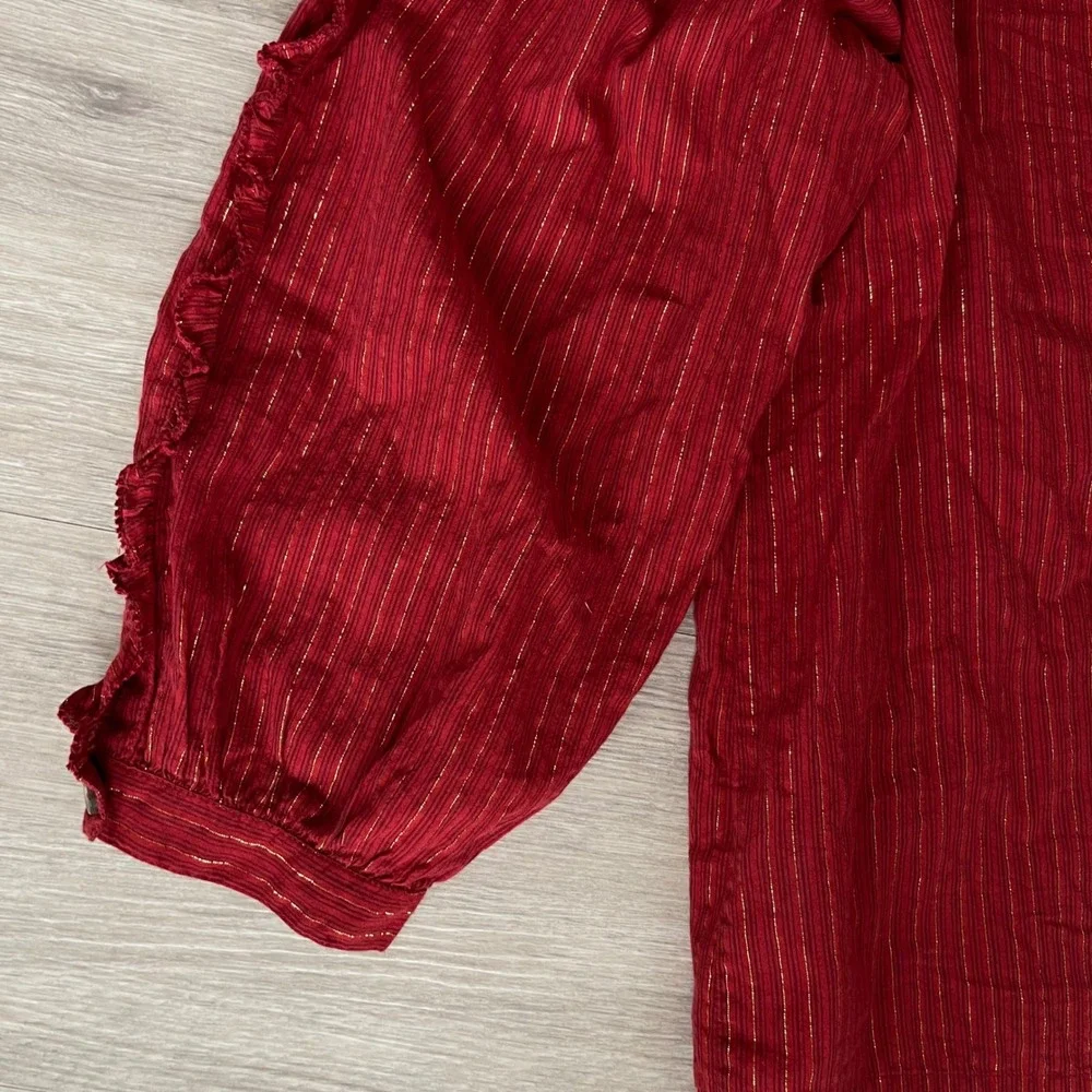 Ulla Johnson Julie Blouse Size 6 Red Gold Tie Neck Puff Sleeve‎ Metallic Stripe